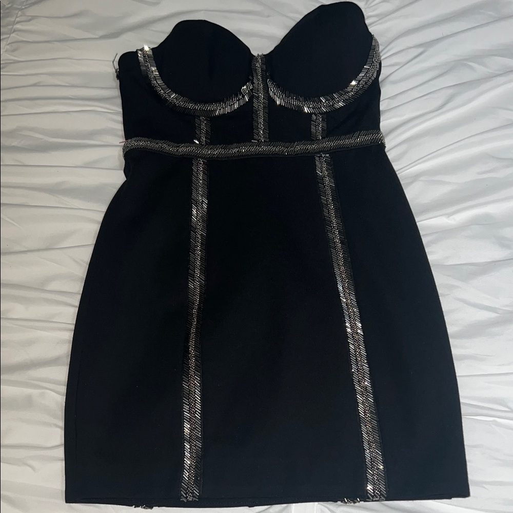 Elegant Black Strapless Dress with Silver Accents
